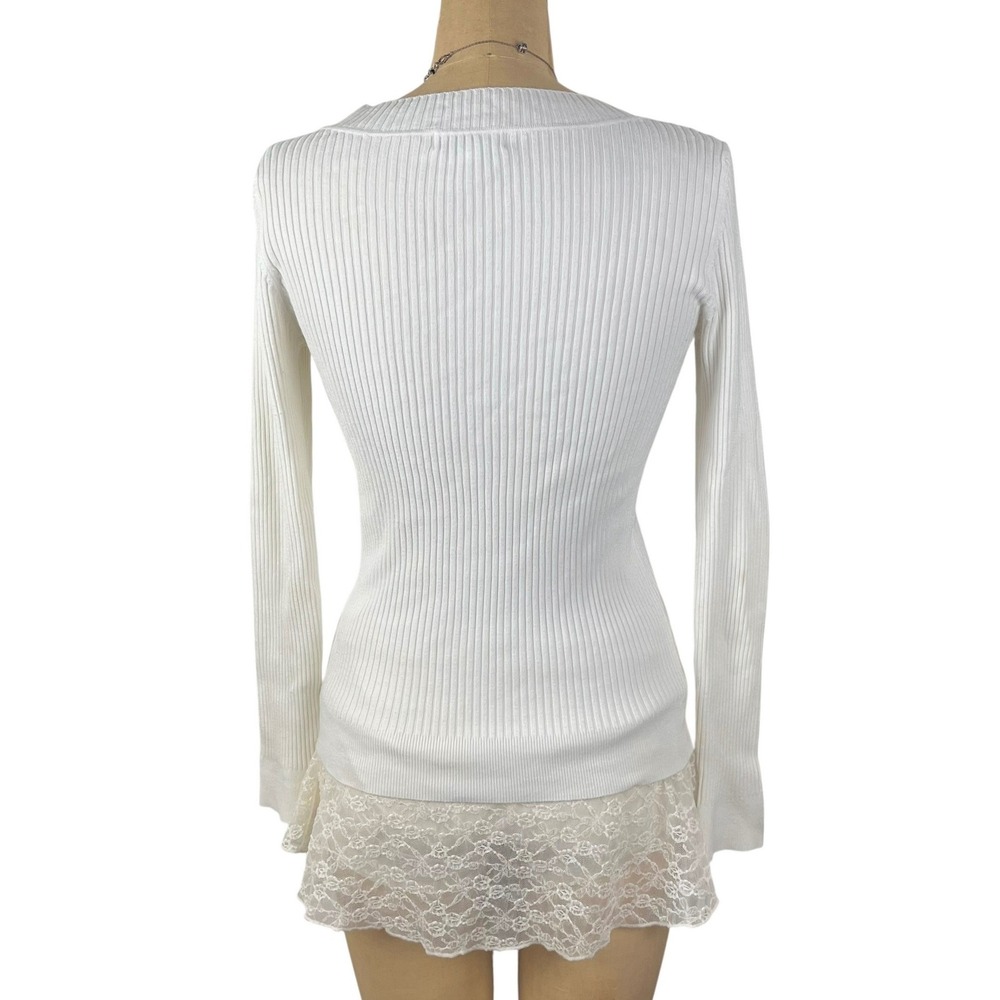 Preppy White Ribbed Long Sleeve Academia Y2K Layering Size Small Classic Basic - Picture 5 of 6